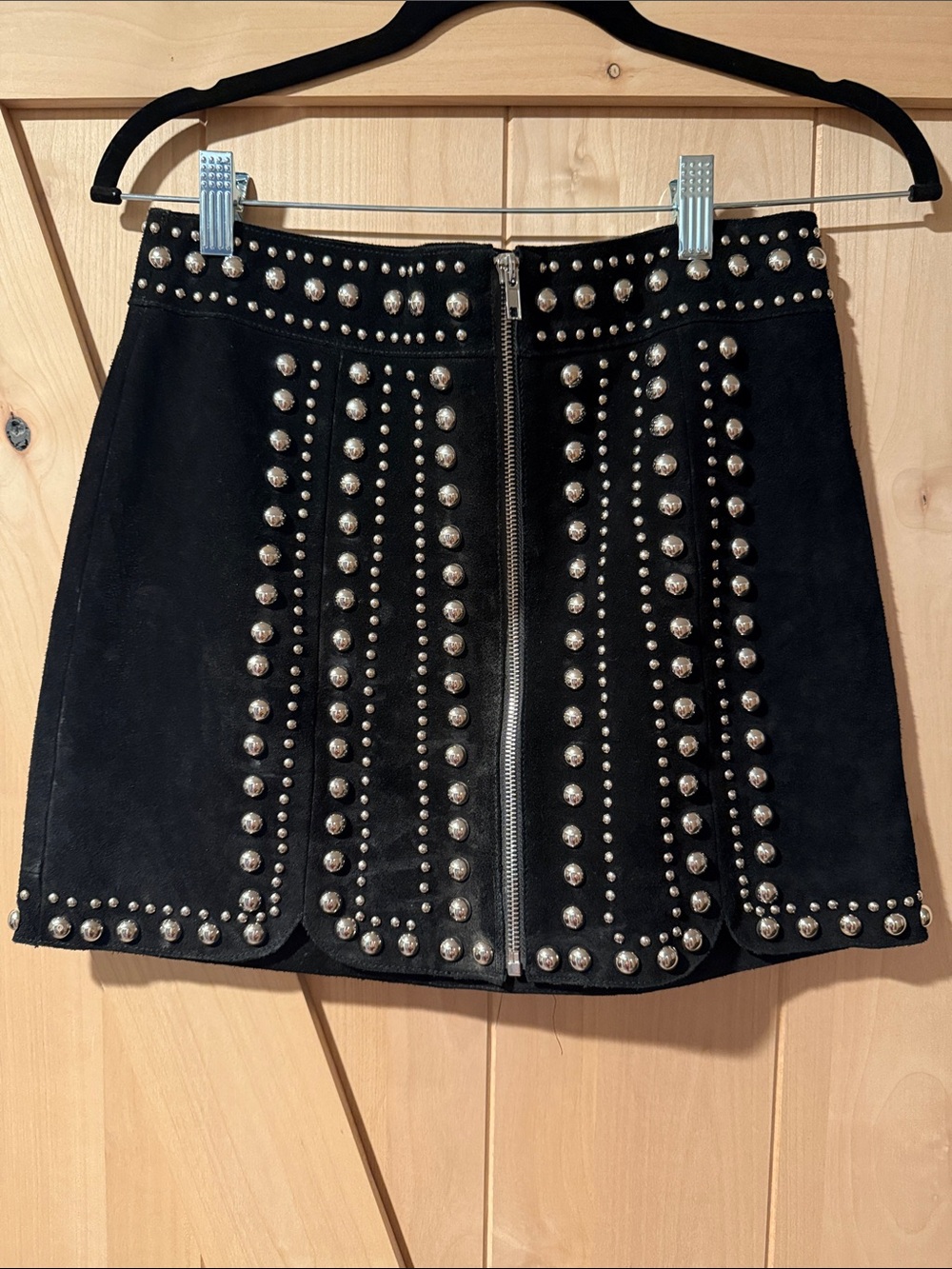 Free People Black Suede Leather Studded Front-Zip Mini Skirt